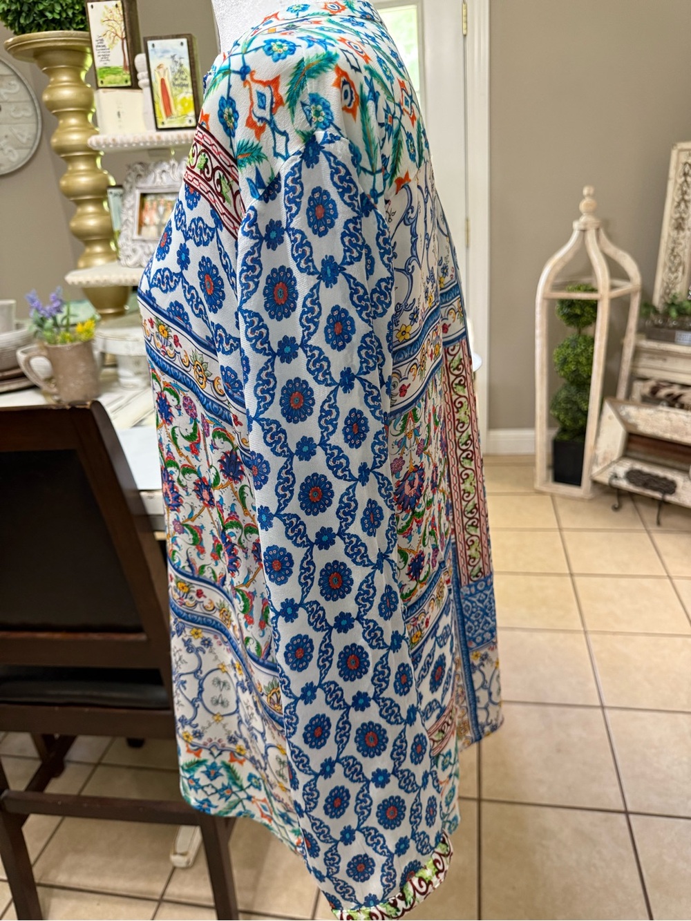 Bohemian Floral Patchwork Button-Up Blouse - Blue - Picture 6 of 7